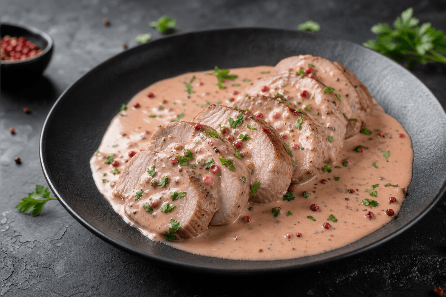 Fläskfilé i rosépepparsås