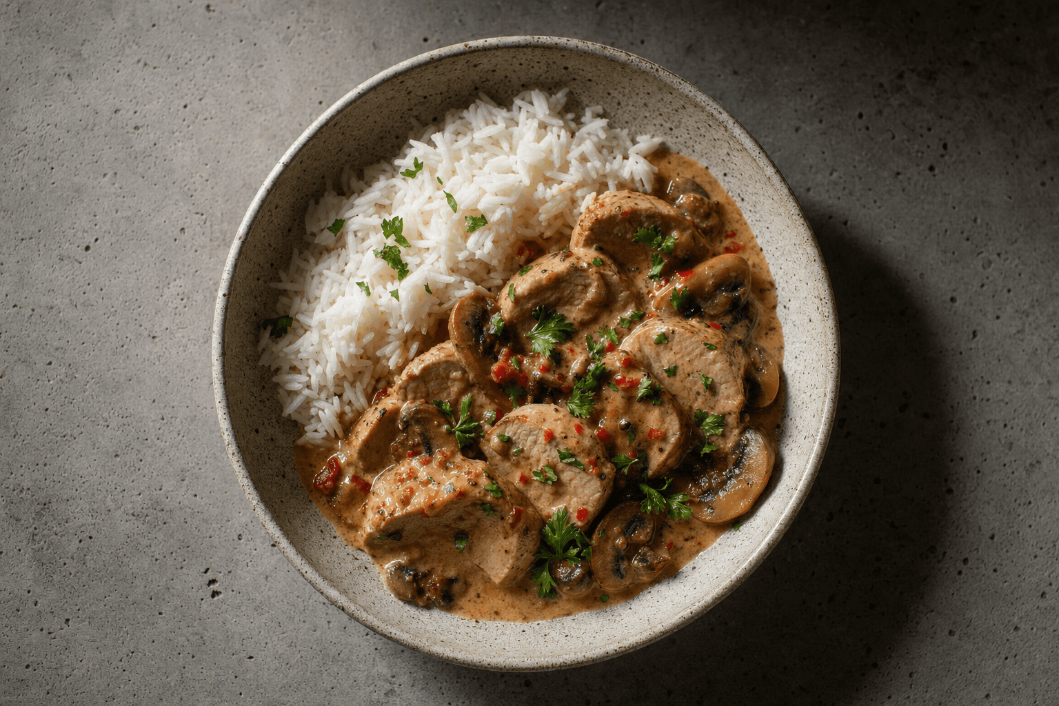 Fläskytterfilé i ugn med grädde, sweet chili och champinjoner
