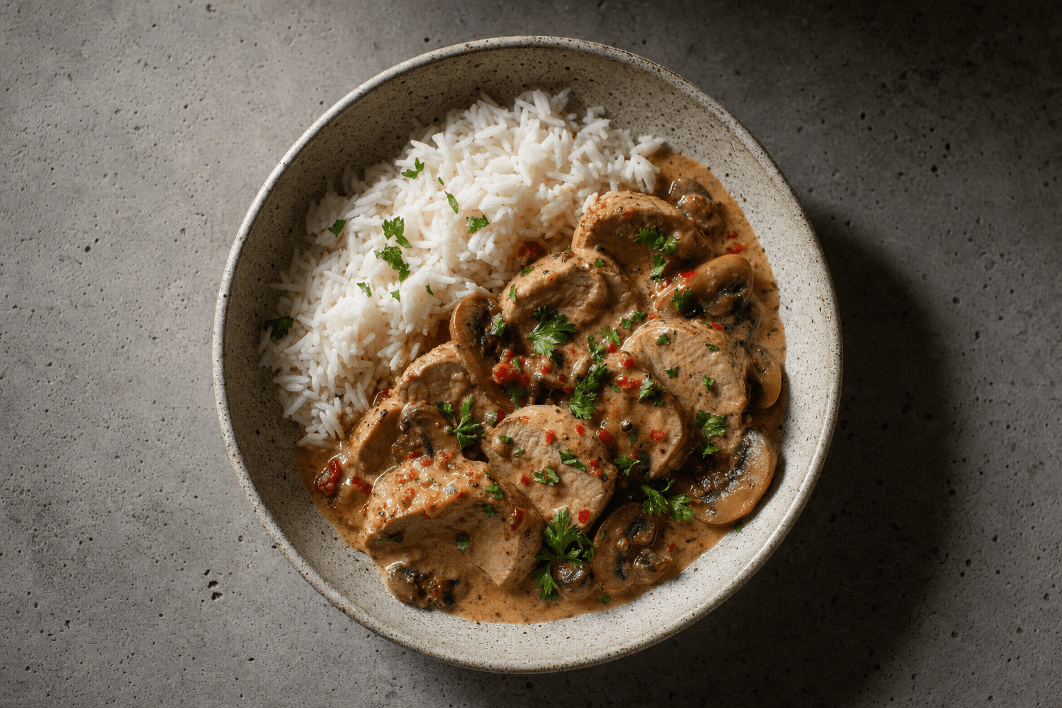 Fläskytterfilé i ugn med grädde, sweet chili och champinjoner