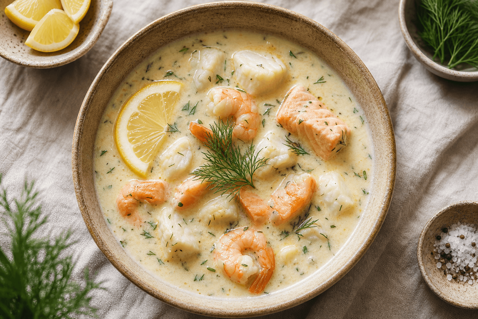 Krämig fisksoppa med räkor, dill och citron