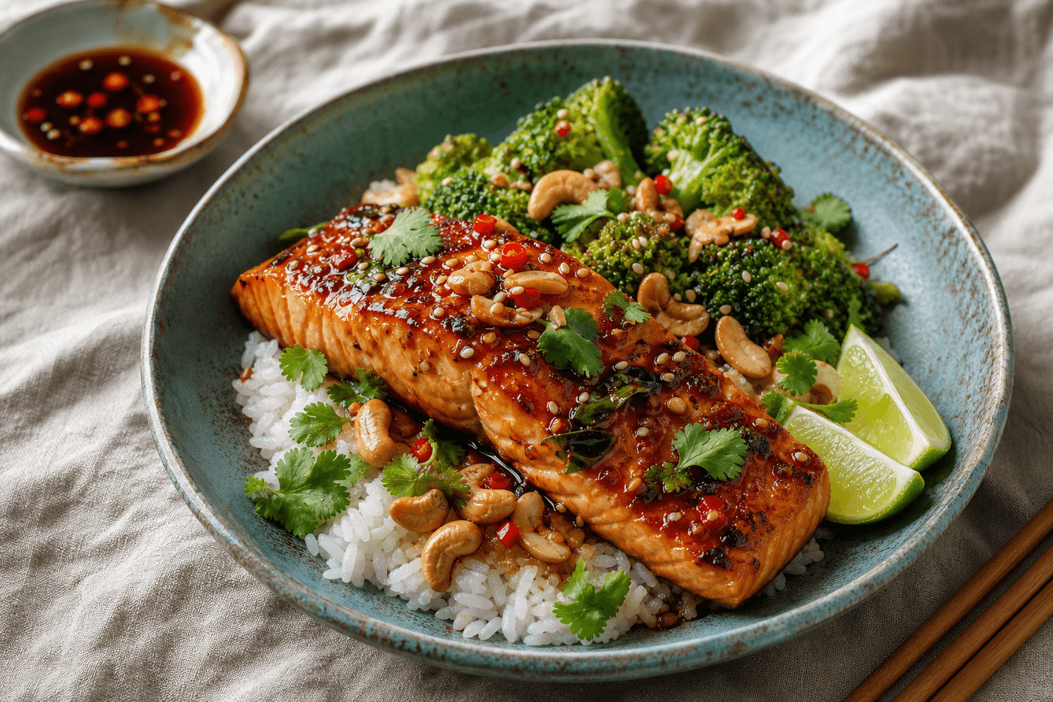 Lax asian style med broccoli, lime och cashewnötter