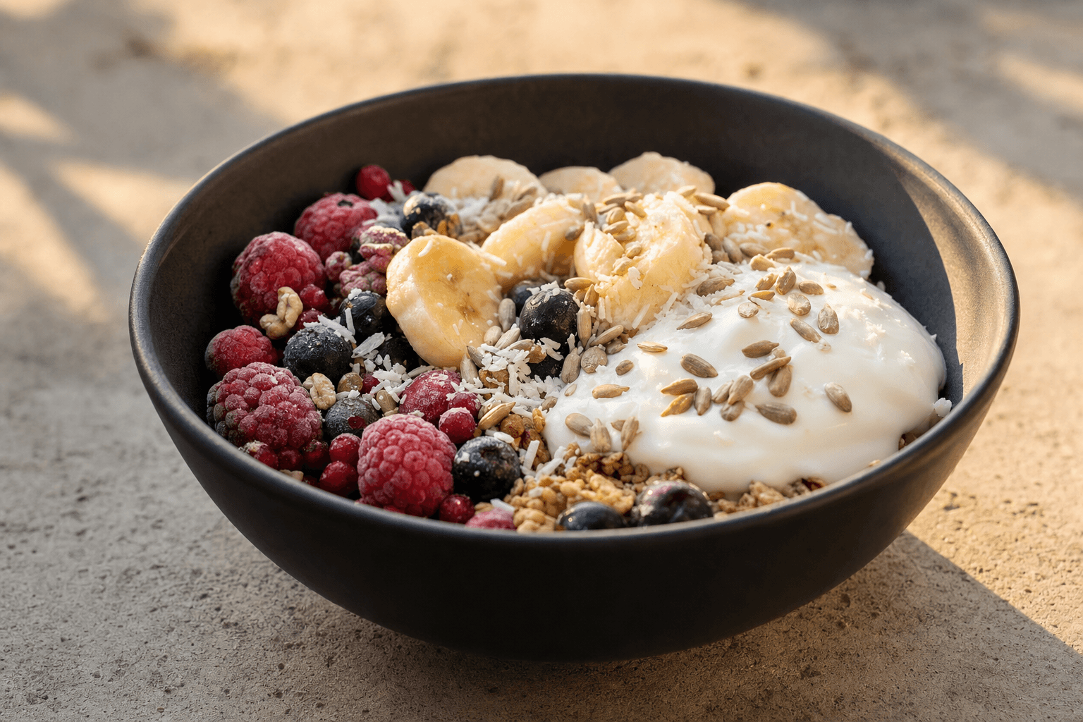 Müsli-skål med frukt och yoghurt