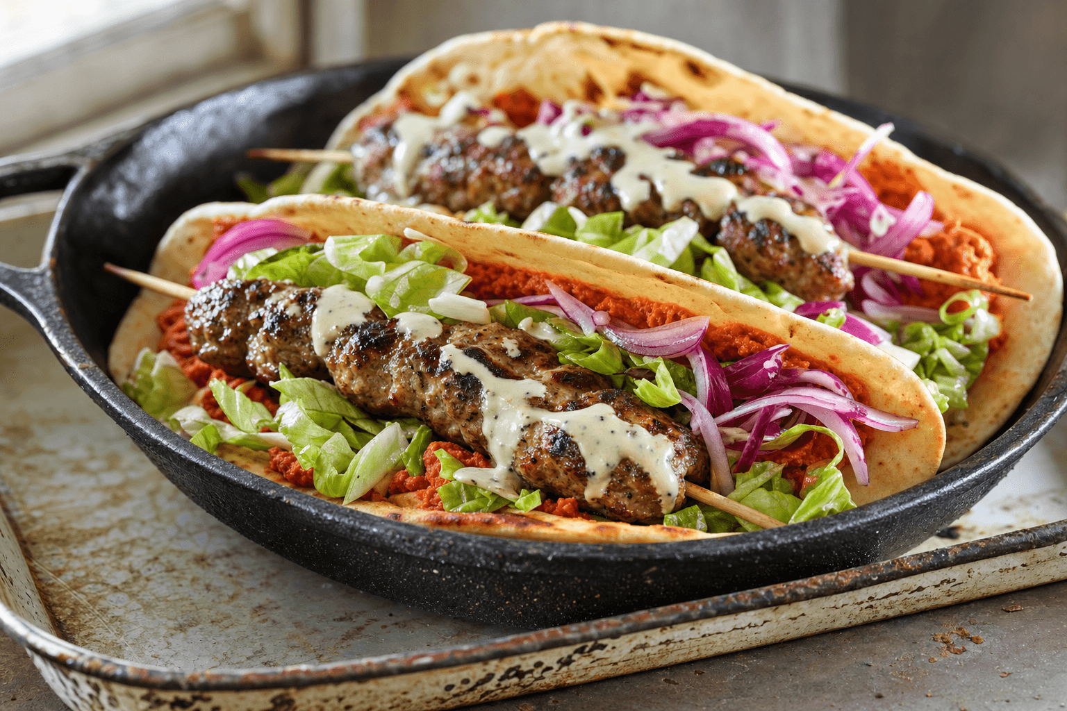 Nötkebab i tortillabröd med vitlökssås
